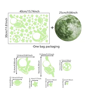 Detailed size chart for luminous space wall stickers with astronauts and moon dimensions