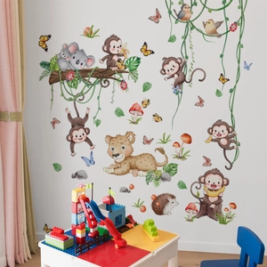 Cartoon Jungle Animals Wall Stickers PVC Watercolor Monkey Koala Lion Vine Decals For Kids Nursery Bedroom Playroom