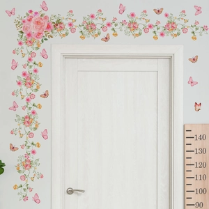 Sticker Mural Roses Roses Vignes Papillons PVC Auto-Adhésif Amovible Décoration Pour Salon Chambre Cadre De Porte Coin De Mur