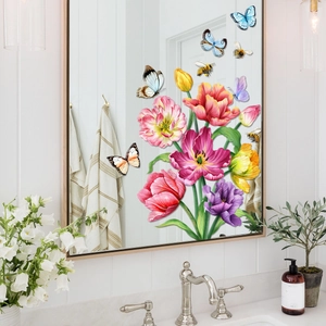 Detail of colorful tulip flowers and butterfly static window clings on bathroom mirror