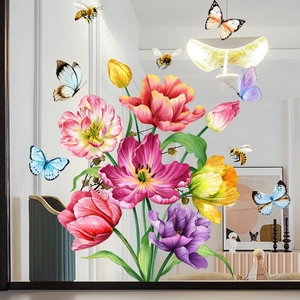 Realistic colorful tulip flowers and butterflies static window stickers in a home setting