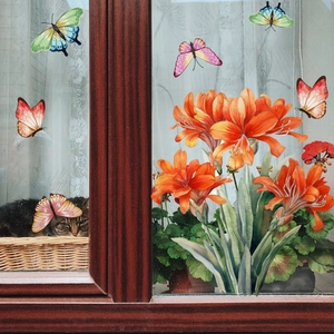 Floral Butterfly Static Window Cling Stickers Double Sided Visual PVC Removable Glass Decals Home Decorative Ornament
