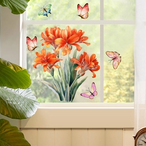 Double-sided watercolor flower and butterfly static window decals on glass pane