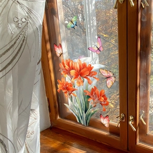 Vibrant watercolor floral and butterfly static window stickers on glass window pane