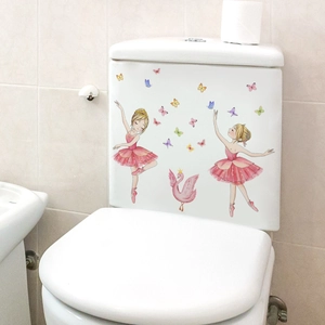 Detail of pink ballet girl and swan waterproof wall decals on a white bathroom surface