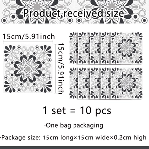 Dettaglio di 10 adesivi per piastrelle mandala neri e bianchi da 15x15 cm cadauno
