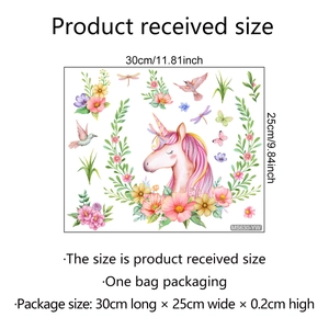 Detail showing unicorn and flower watercolor wall sticker size specifications 30x25cm