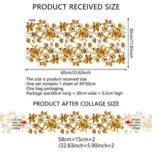Golden flower vine wall stickers set showing 30x60cm dimensions and seamless floral patterns