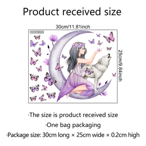 Detail view of cartoon girl and butterfly wall sticker with dimensions 30x25cm