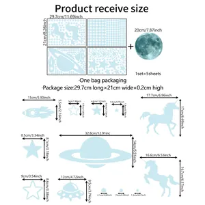 Luminous unicorn and planet wall sticker set size chart with moon and stars measurements