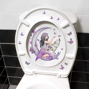 Detail of whimsical girl and white wolf illustration on a purple theme toilet seat cover