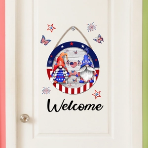 Detailed view of Independence Day gnome door sign with stars and stripes butterfly decor