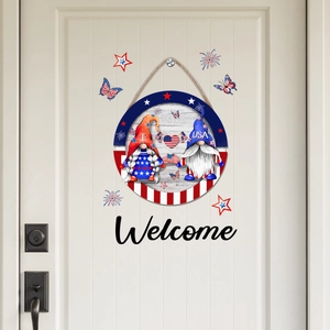 Patriotic USA Independence Day gnome welcome sign on white wooden door with butterflies
