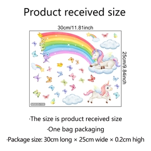 Size specifications for unicorn rainbow wall decal stickers, 30x25cm sheets for kids rooms