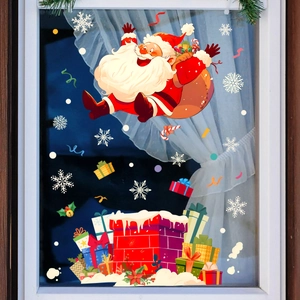 Detailed Christmas window stickers with Santa Claus and snowflakes on a glass window pane
