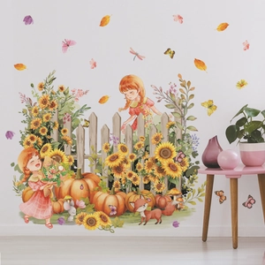 Muurstickers zonnebloem en pompoenmeisje voor kinderkamer met herfstachtig decor