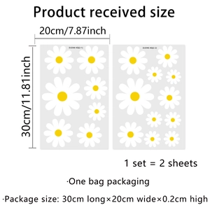 Detailed size specifications for daisy window decals set measuring 30x20cm per sheet