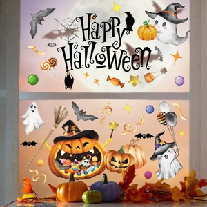 Détail de stickers d'Halloween pour fenêtres avec citrouilles, fantômes et chauves-souris