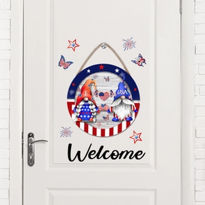 Independence Day patriotic gnome welcome door sign with red white and blue butterfly decor