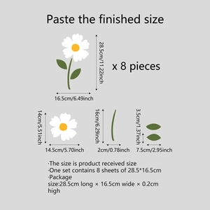 Detailed size specifications for white daisy wall stickers with stems and leaves