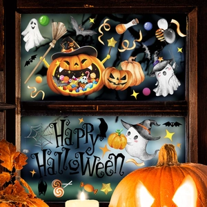 Autocollants d'Halloween double face avec citrouilles et fantômes sur fenêtres vintage