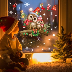 Weihnachten Fensterbilder PVC Statisch Haftend Cartoon Eule Schneeflocken Zuckerstange Abnehmbar Feiertag Glas Fenster Tür Deko Festlich Winter Dekoration