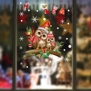 Weihnachtsfensterbilder mit Eulen auf Zweigen und Schneeflocken für festliche Glasdeko