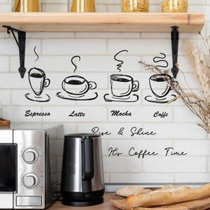Minimalist black coffee cup wall stickers featuring Espresso and Latte art on a brick wall