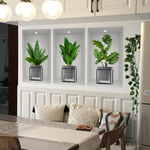 3D set of three green potted plant wall stickers with minimalist black metal frames