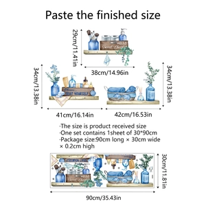 Detailed view of watercolor bathroom shelf wall stickers showing dimensions and blue decor