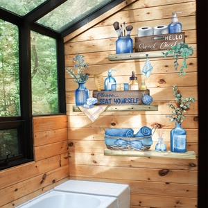 Watercolor blue shelf wall decals with shampoo bottle and bathroom decor stickers