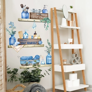 Blue vase and bathroom decor wall sticker with HELLO Sweet Cheeks text on white wall