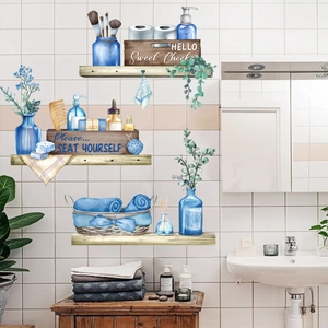 Blue watercolor floral vase and shelf wall decals for bathroom tiles decoration