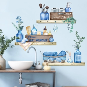 Watercolor Blue Vase Floating Shelf Bathroom Wall Sticker PVC DIY Removable Art Decal For Restroom Washroom Home Wall Decor