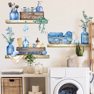 Watercolor blue vase and cosmetic brush wall stickers for creative home bathroom decoration