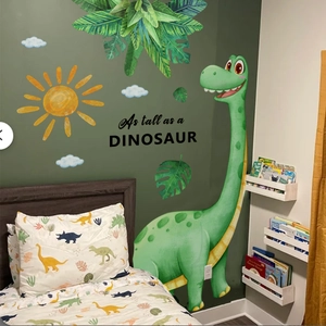 Cartoon dinosaur wall stickers with sun and green plants for children room decor