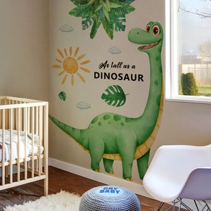 Detail of cartoon dinosaur wall sticker with sun and leaves for kids bedroom decor