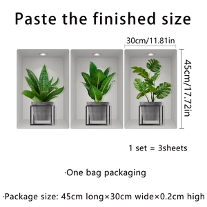 Adesivi murali 3D piante verdi in vaso con sansevieria e foglie di monstera