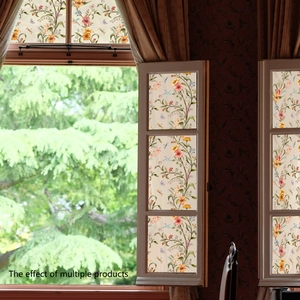 Retro floral window decals with orange flowers and purple butterflies on glass surface