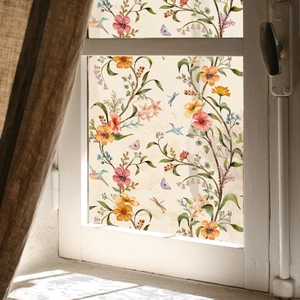 Frosted floral glass window film with vintage bird and butterfly patterns for home privacy