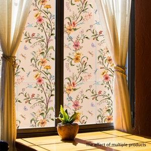 Floral bird privacy window film in warm beige for home decor and sun protection