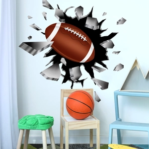 3D Football Américain Autocollant Mural Effet Mur Brisé PVC Décalcomanie Sport Thème Amovible Mural Pour Chambre D'Enfant