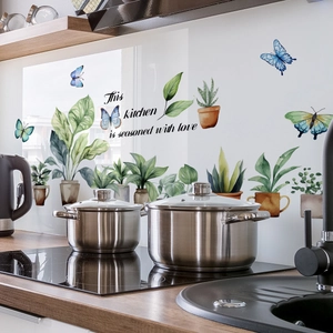 Watercolor green potted plants and butterfly wall stickers with kitchen quote