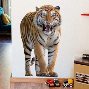 Realistic roaring tiger wall decal for living room decoration with detailed orange fur