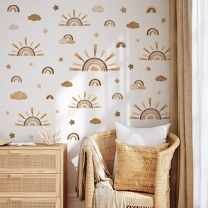 Stickers muraux arc-en-ciel et soleil style bohème dans un intérieur de maison chaleureux