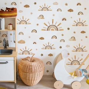 Autocollants muraux arc-en-ciel style boho tons terre pour chambre d'enfant
