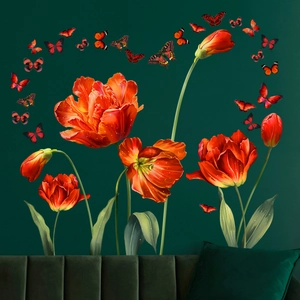 Stickers muraux tulipes et papillons pour décoration de salon sur mur vert foncé