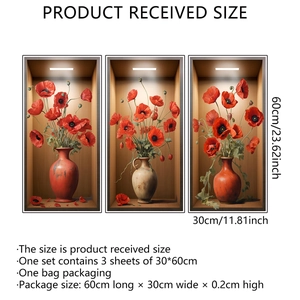 Détail du lot de stickers muraux 3D avec fleurs de pavot rouges et dimensions précises