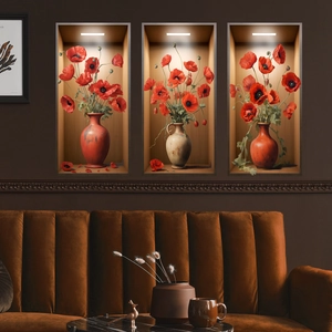 Stickers muraux 3D triptyque avec coquelicots rouges en vases pour décor de salon