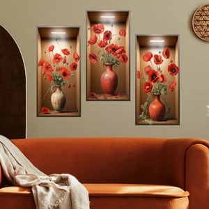 Stickers muraux 3D fleurs de pavot rouges dans des vases pour salon chaleureux